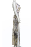 Brown Sexy Print Patchwork High Slit Ruched V Neck Long Dresses