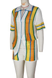 Green Casual Stripe Hollow Out Buckle Patchwork V Neck Short Sleeve Two Pieces