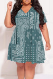 Green Casual Print Patchwork V Neck Printed Plus Size Dresses