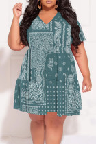 Gray Blue Casual Print Patchwork V Neck Printed Plus Size Dresses