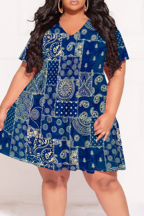 Dark Blue Street Print Patchwork V Neck A Line Plus Size Dresses