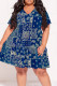 Dark Blue Street Print Patchwork V Neck A Line Plus Size Dresses