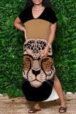 Pink Elegant Animal Print Pocket Patchwork V Neck Long Dresses