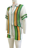 White Yellow Casual Stripe Hollow Out Buckle Patchwork V Neck Short Sleeve Two Pieces