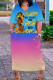 Blue Purple Casual Gradient Print Basic V Neck Long Plus Size Dresses