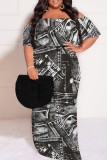 Deep Blue Casual Print Patchwork Off Shoulder Long Plus Size Dresses