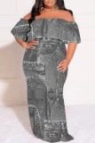 Deep Blue Casual Print Patchwork Off Shoulder Long Plus Size Dresses