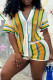 White Yellow Casual Stripe Hollow Out Buckle Patchwork V Neck Short Sleeve Two Pieces