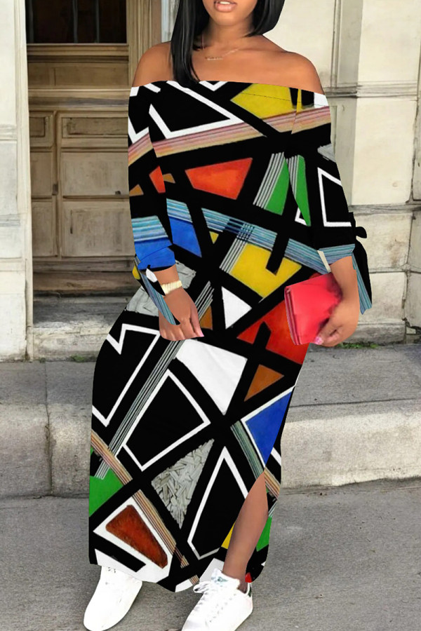 Black Red Casual Geometric Print Patchwork Backless Slit Off Shoulder Long Dresses