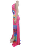Rose Red Elegant Print Hollow Out Patchwork Backless High Slit Halter Long Dresses