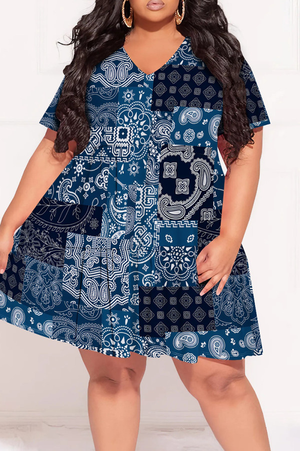 Dark Blue Casual Print Patchwork V Neck Printed Plus Size Dresses