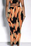 Orange Black Casual Colorblock Geometric Print Contrast Regular High Waist Full Print Bottoms