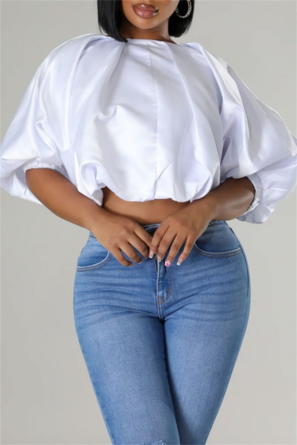 White Casual Solid Color Print Basic O Neck Tops