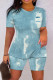 Light Blue Casual Print Basic O Neck Short Sleeve Two Pieces