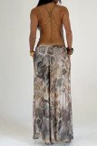 Brown Sexy Print Patchwork High Slit Ruched V Neck Long Dresses