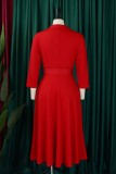 Red Casual Solid Color With Belt Turndown Collar A Line Dresses
