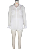 White Sexy Solid Color Pocket Buckle Patchwork Slit Shirt Collar Long Sleeve Two Pieces