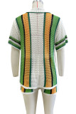 White Yellow Casual Stripe Hollow Out Buckle Patchwork V Neck Short Sleeve Two Pieces