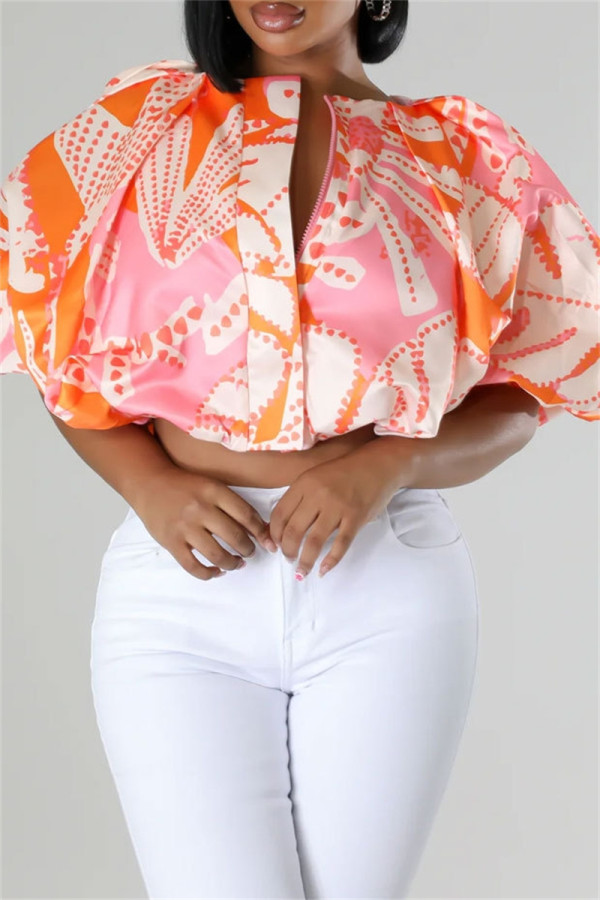 Orange Casual Solid Color Print Basic O Neck Tops