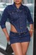 Deep Blue Casual Solid Color Slit Turndown Collar Long Sleeve Two Pieces