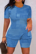 Royal Blue Casual Print Basic O Neck Short Sleeve Two Pieces