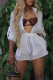 White Sexy Solid Color Pocket Buckle Patchwork Slit Shirt Collar Long Sleeve Two Pieces