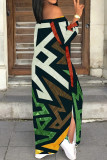 Blue Casual Geometric Print Patchwork Backless Slit Off Shoulder Long Dresses