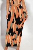 Orange Black Casual Colorblock Geometric Print Contrast Regular High Waist Full Print Bottoms