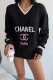 Black Casual Letters Patchwork Contrast V Neck Tops
