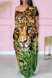 Pink Elegant Animal Print Pocket Patchwork V Neck Long Dresses