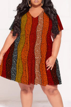 Orange Casual Print Patchwork V Neck Printed Plus Size Dresses