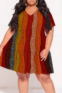 Orange Casual Print Patchwork V Neck Printed Plus Size Dresses