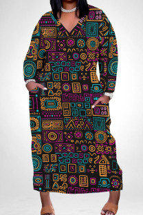 Orange Casual Print Pocket Patchwork V Neck Straight Plus Size Dresses