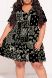 Green Casual Print Patchwork V Neck Printed Plus Size Dresses