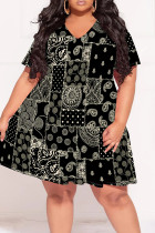 Black khaki Casual Print Patchwork V Neck Printed Plus Size Dresses