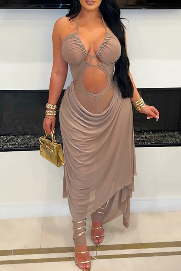 Coffee Sexy Solid Color Hollow Out Patchwork See-Through Backless Halter Regular Jumpsuits