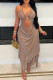 Coffee Sexy Solid Color Hollow Out Patchwork See-Through Backless Halter Regular Jumpsuits