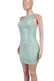 Cyan Sexy Solid Color Sequins Patchwork Backless Oblique Collar Wrapped Skirt Dresses