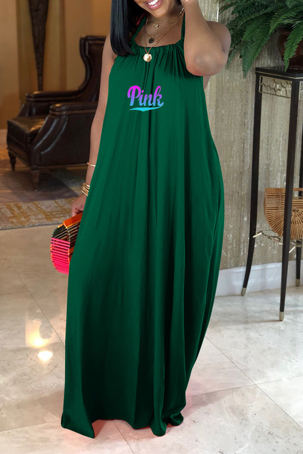 Green Casual Letter Print Draw String Lace Up Backless Halter Sleeveless Dresses