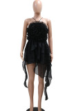 Black Sexy Solid Color Patchwork Backless Ruffle Lace Up Spaghetti Strap Irregular Dresses