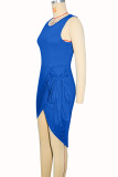 Blue Sexy Celebrities Patchwork Strap Design O Neck Wrapped Skirt Dresses