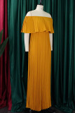 Tangerine Elegant Solid Color Patchwork Backless Pleated Off Shoulder Long Dresses