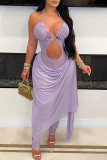Coffee Sexy Solid Color Hollow Out Patchwork See-Through Backless Halter Regular Jumpsuits