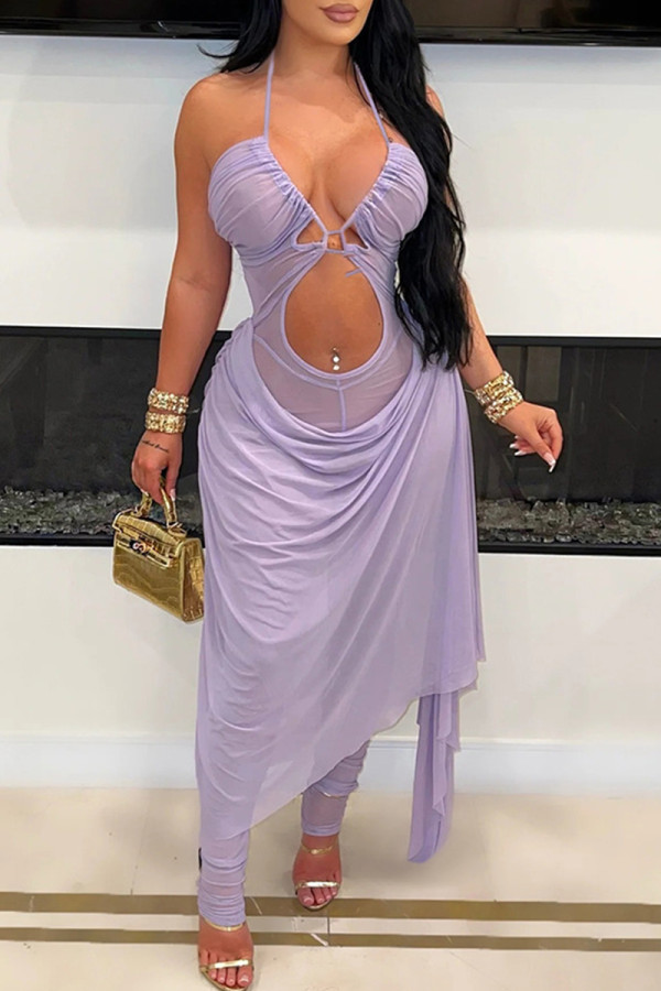 Purple Sexy Solid Color Hollow Out Patchwork See-Through Backless Halter Regular Jumpsuits