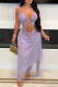 Purple Sexy Solid Color Hollow Out Patchwork See-Through Backless Halter Regular Jumpsuits