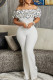 White Celebrities Solid Color Patchwork Backless Ruffled Trim Off Shoulder Regular Jumpsuits