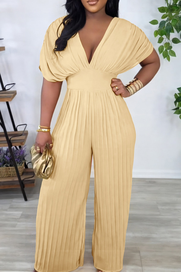 Khaki Casual Solid Color Patchwork Pleated V Neck Loose Jumpsuits