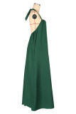 Green Casual Letter Print Draw String Lace Up Backless Halter Sleeveless Dresses