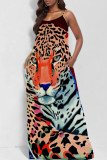 Orange Sexy Print Patchwork Backless Spaghetti Strap Sling Dresses
