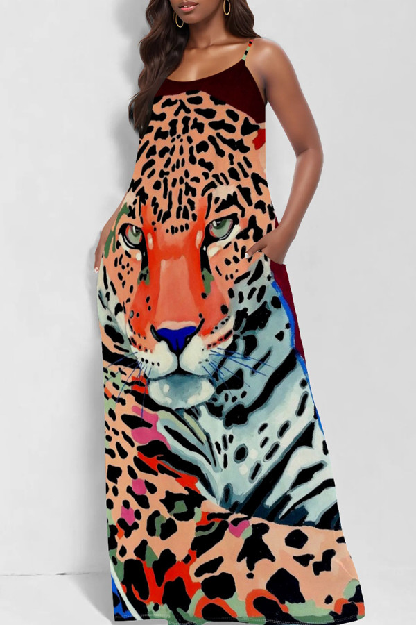 Orange Sexy Print Patchwork Backless Spaghetti Strap Sling Dresses